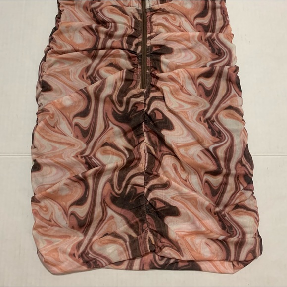 🛍️ BLANC Brown Marble Print One-Shoulder Ruched Mesh Mini Dress - Size S - Picture 7 of 10